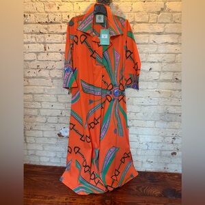 Vibrant Orange Maxi Dress with Green & Pink Accents